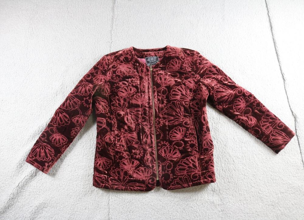 Johnny Was Jacket L Red Velvet Quilted Cooper Silk Blend Embroidered No Tassels